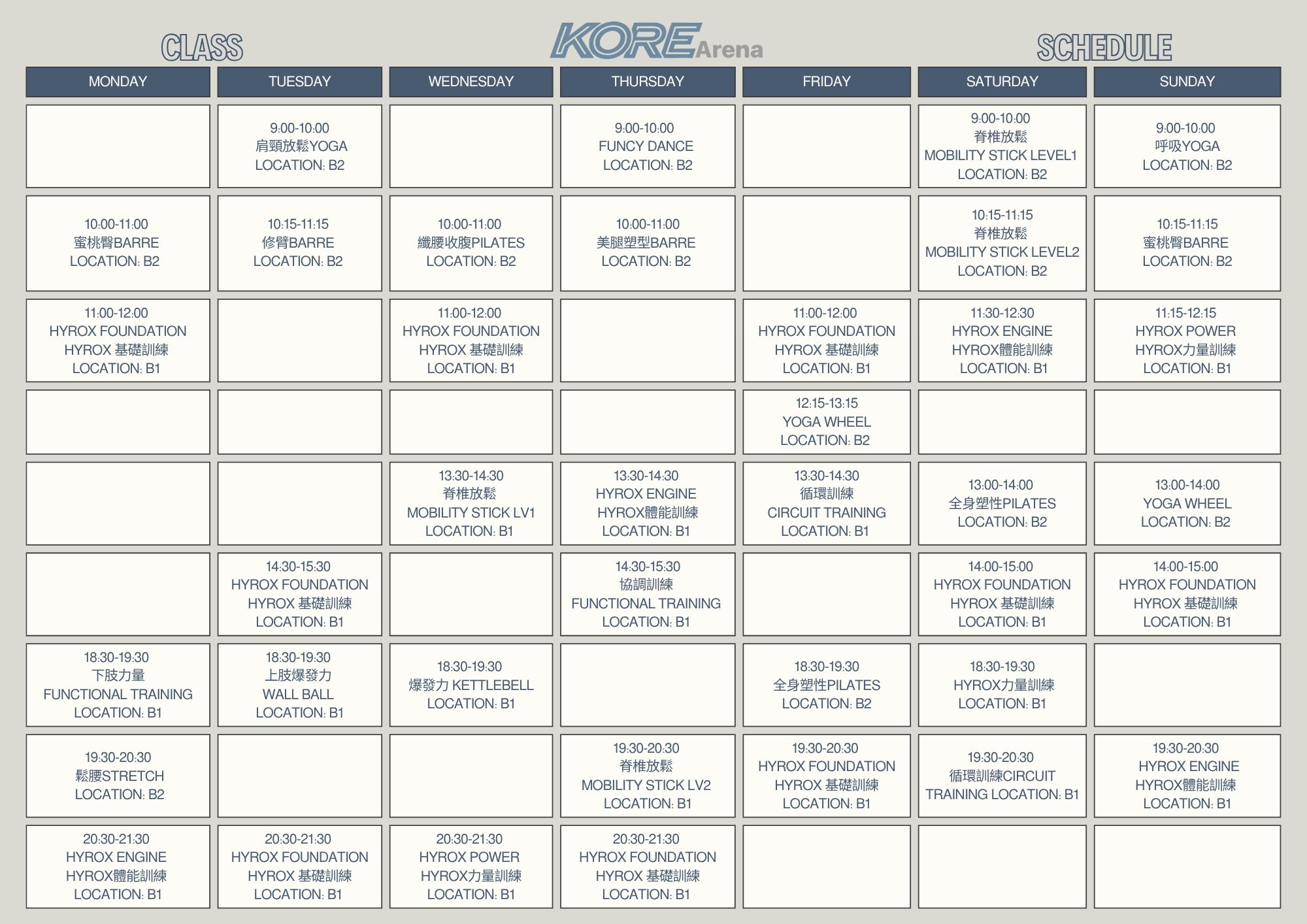 KORE ARENA 最新團體課程時間表